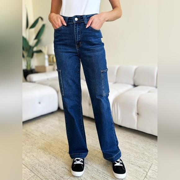 High-Rise Waist Cargo Pockets Denim Boyfriend Straight Leg Jean Pants Judy Blue - Picture 6 of 13